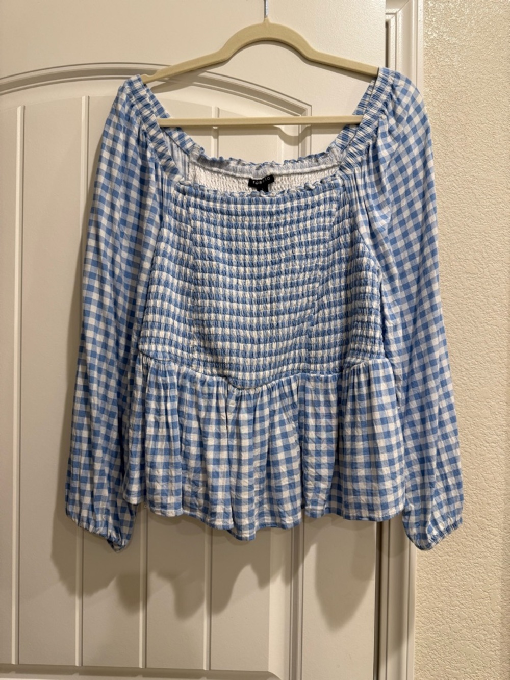 Torrid Blue & White Gingham Smocked Challis Peplum Blouse Top 1X NWOT